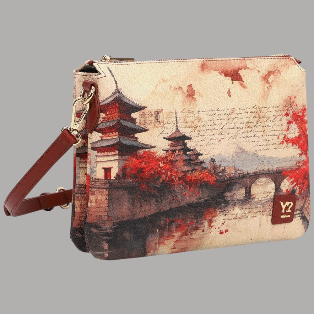 YNot shoulder bag con stampa città e scomparti rossi beige e nero