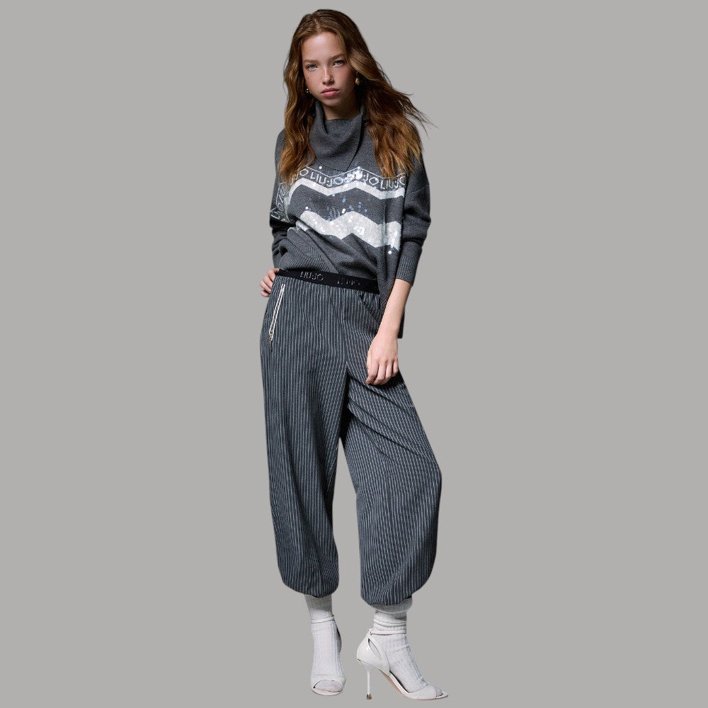 Liu Jo maglione jacquard con paillettes grigio con fantasia acquerello dettagli plissé e paillettes
