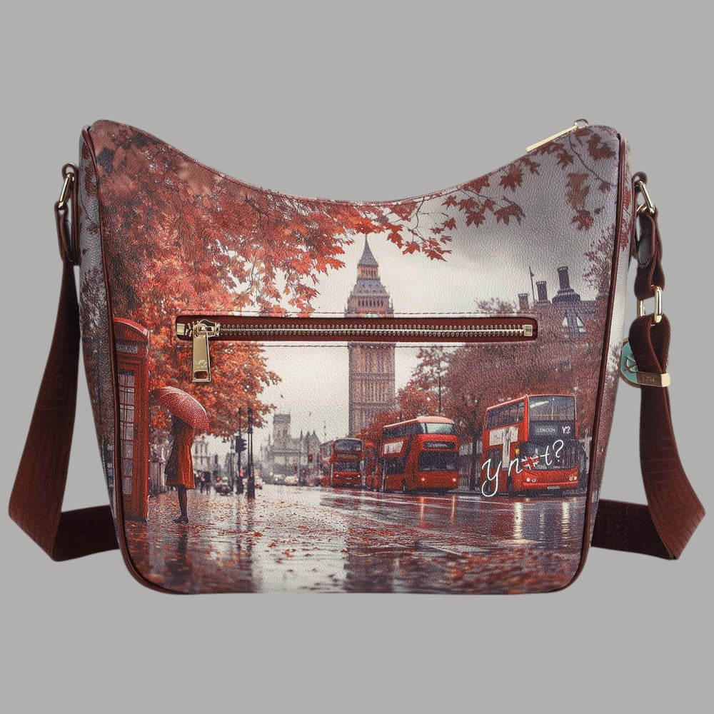 Borsa a spalla YNot con stampa città autunnale con Londra e bus rossi colorati