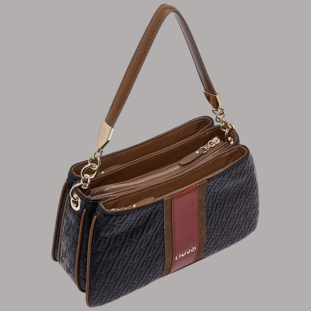 Borsa a mano Liu Jo piccola con logo embossing, nera con dettagli rosso e marrone