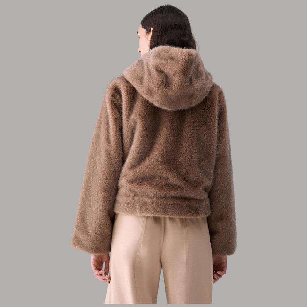 Giubbotto Liu Jo teddy marrone con cappuccio, visto sul retro