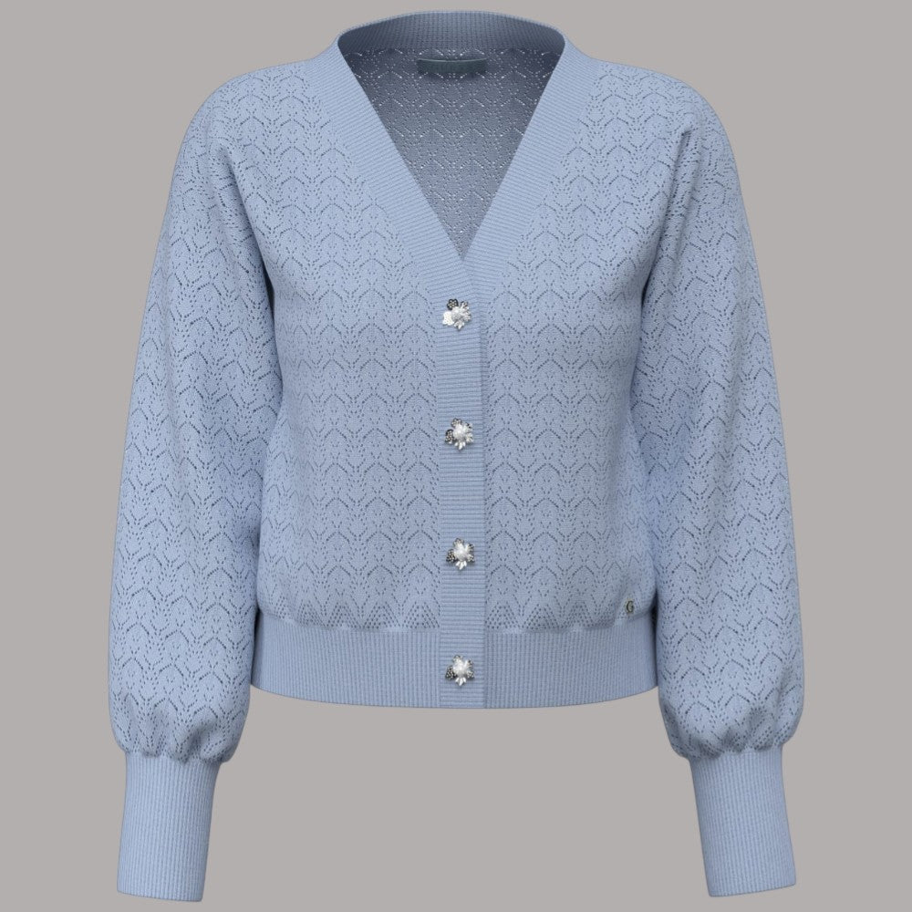 Cardigan Guess Nina lavorato a maglia azzurro con bottoni decorativi e dettagli in rilievo