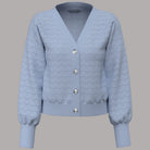 Cardigan Guess Nina lavorato a maglia azzurro con bottoni decorativi e dettagli in rilievo