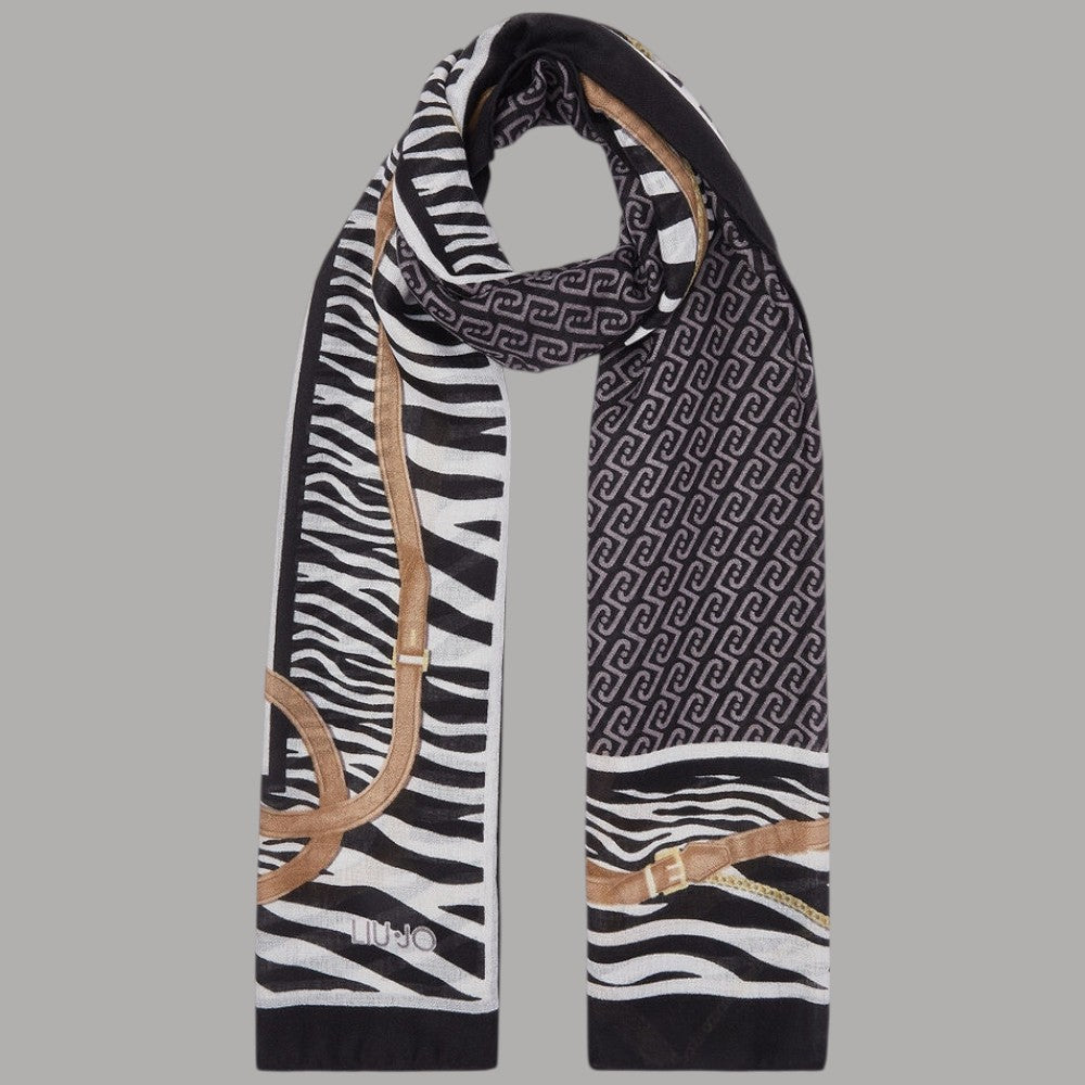Liu Jo sciarpa/scialle 2F6063T2745 180x70 nero con fantasia animalier e dettagli in beige