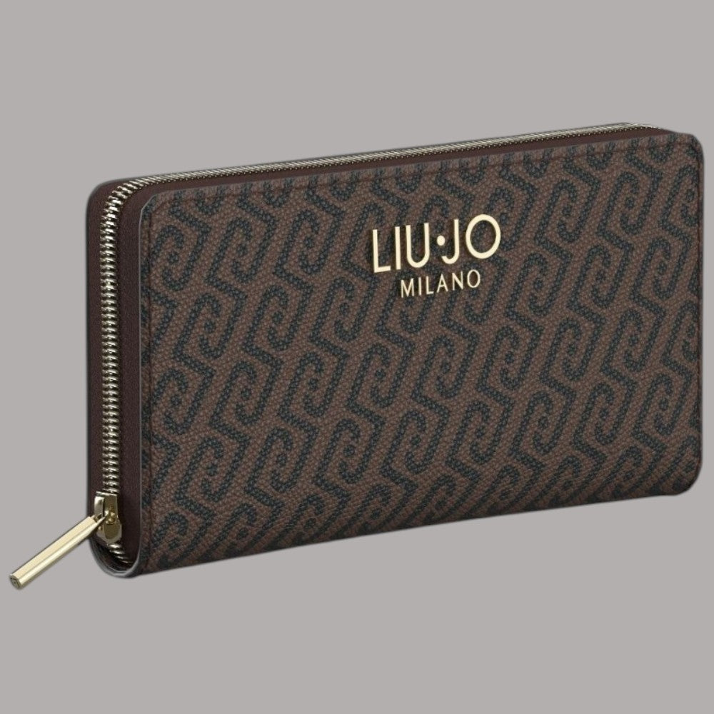 Portafoglio Liu Jo zip around XL marrone scuro, dettaglio logo e chiusura con zip