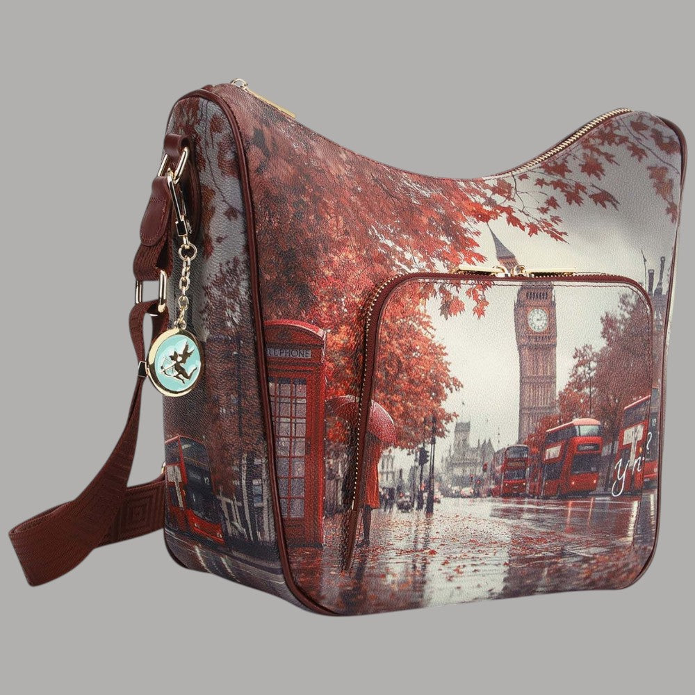 Borsa a spalla YNot con stampa di Londra, colori autunnali, dettagli di città e bus rossi