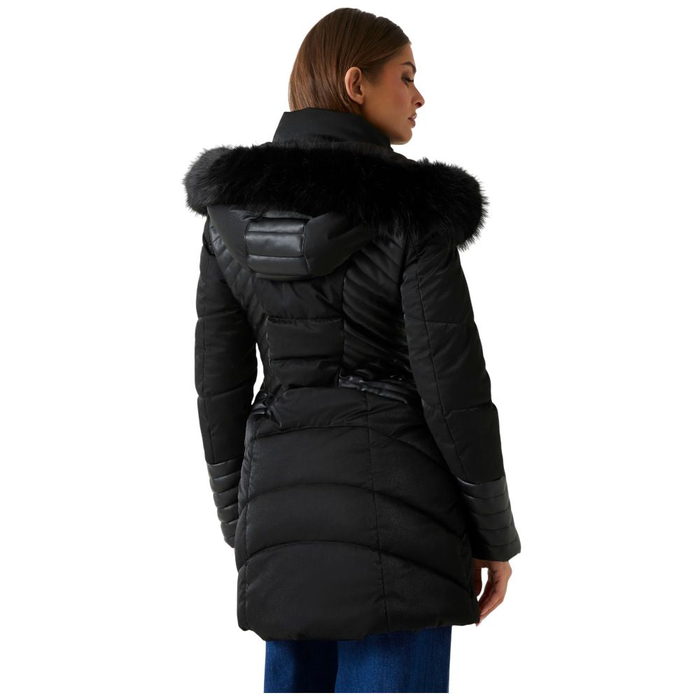 Guess piumino nero con cappuccio in pelliccia sintetica NEW OXANA Guess