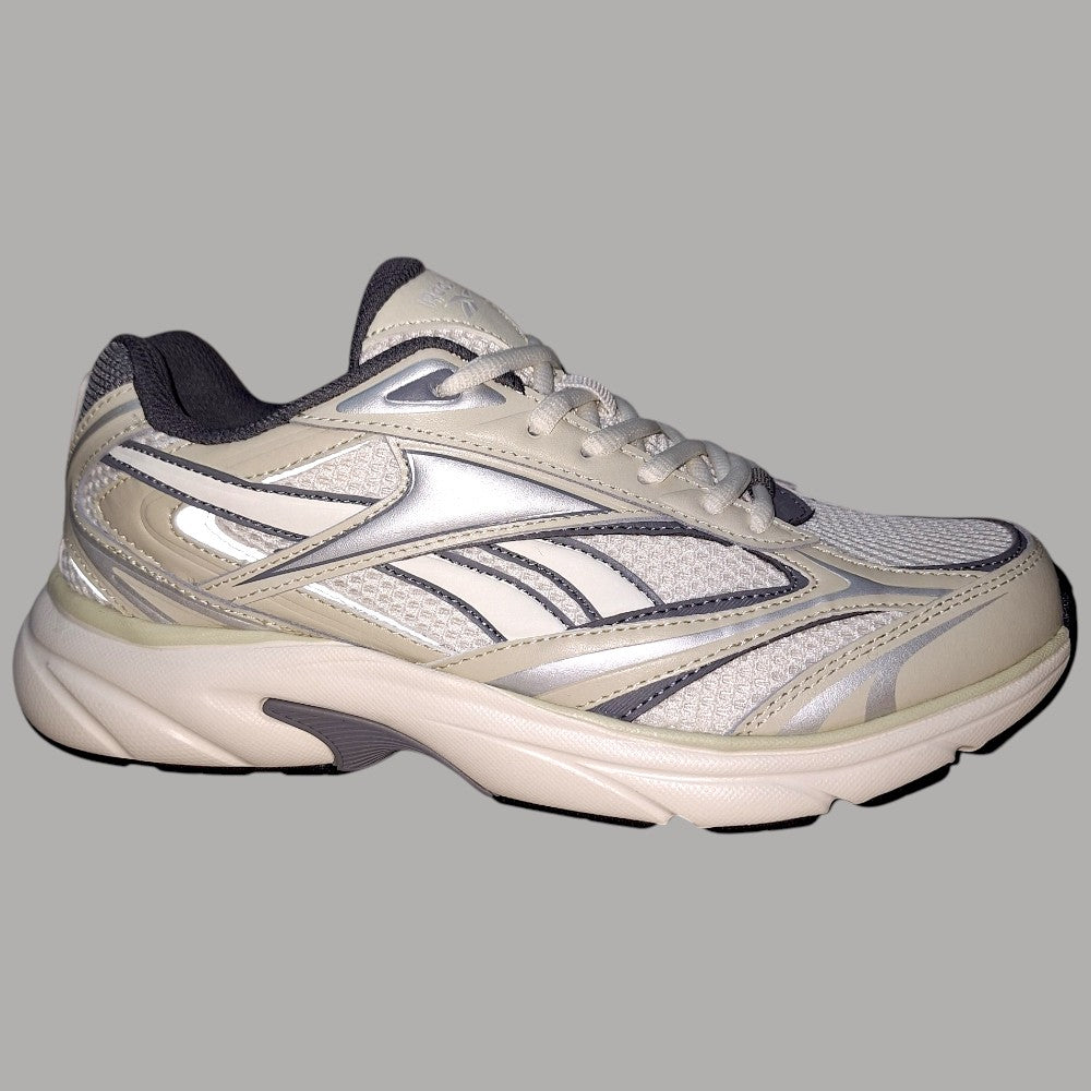 Scarpe running uomo beige con lacci e profili blu, silhouette sportiva Reebok