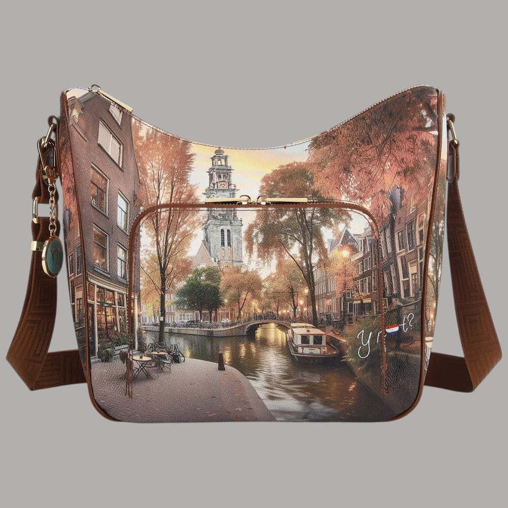 YNot shoulder bag stampa città con hedere e dettagli marroni