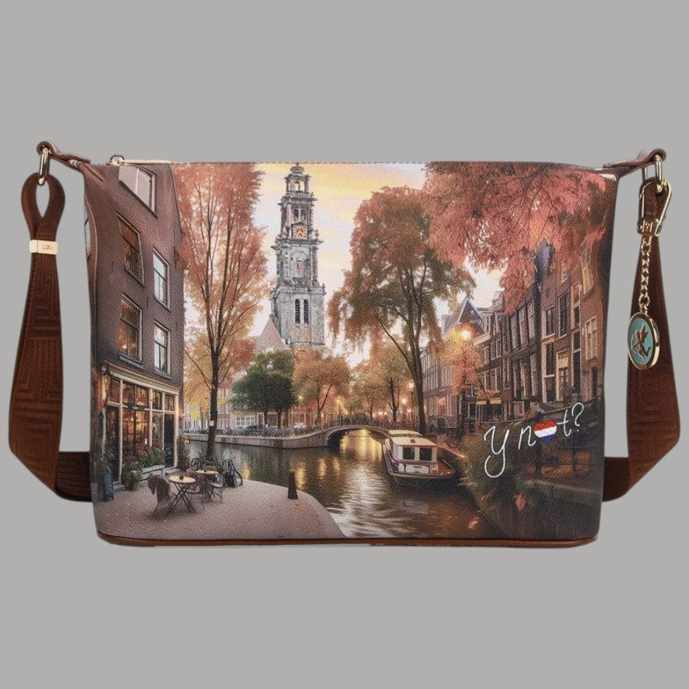 Borsa hobo con stampa dei canali di Amsterdam e manici marroni