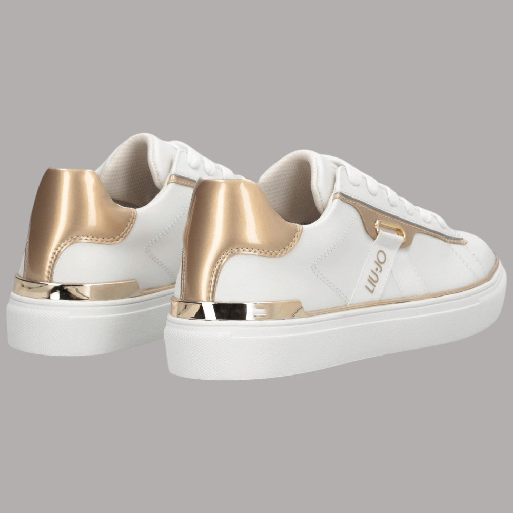 Sneakers Liu Jo Kiki 04 in pelle bianca con inserti laminati oro e dettaglio metallizzato sul tallone