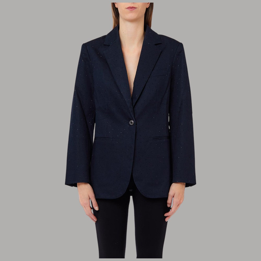 Blazer Liu Jo blu in denim di cotone con strass, revers classici e chiusura a bottone