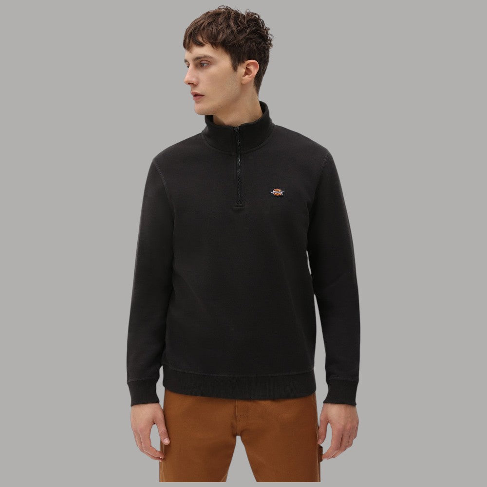 Felpa con mezza zip marrone scuro in cotone spazzolato, logo sul petto