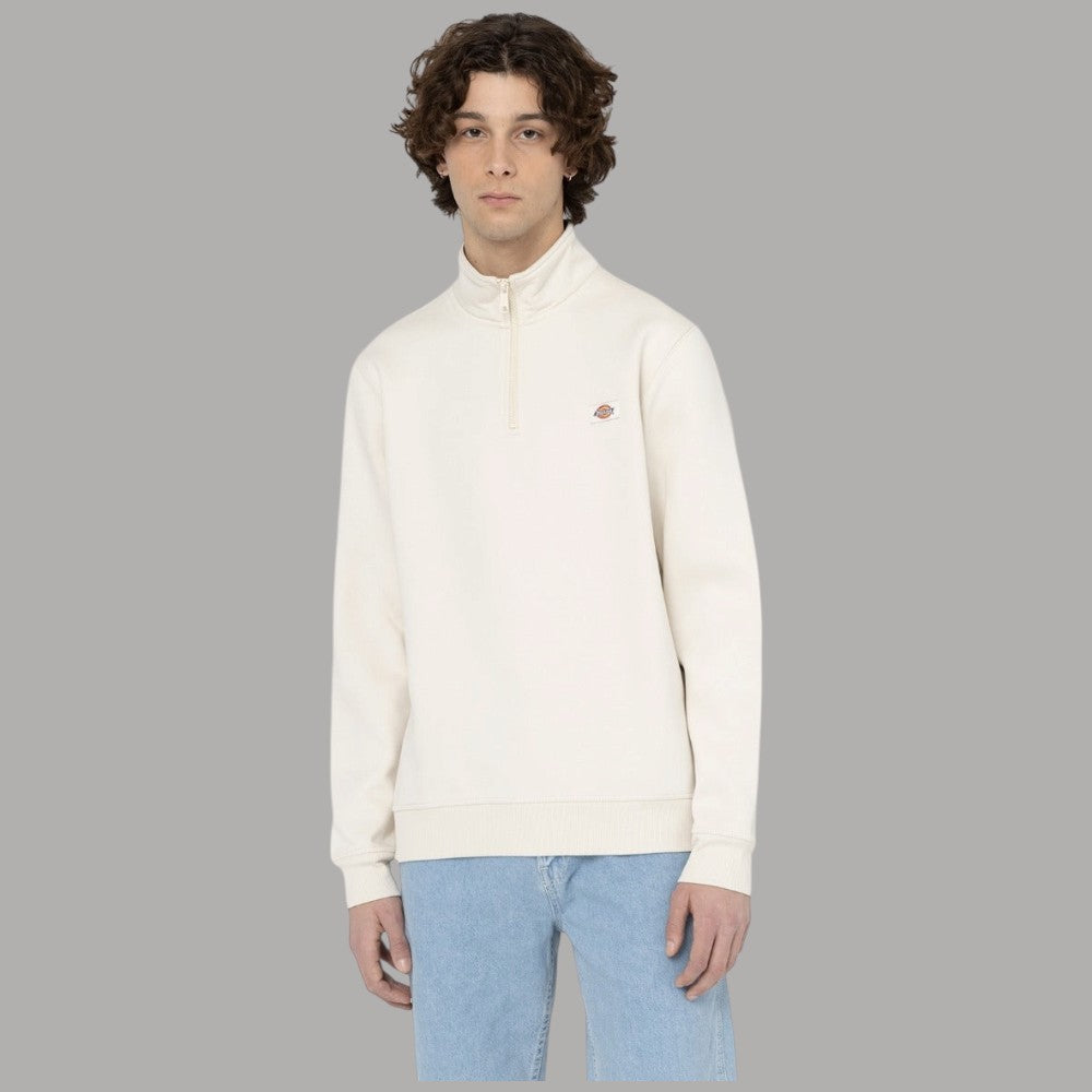 Felpa con mezza zip crema in cotone spazzolato, logo sul petto