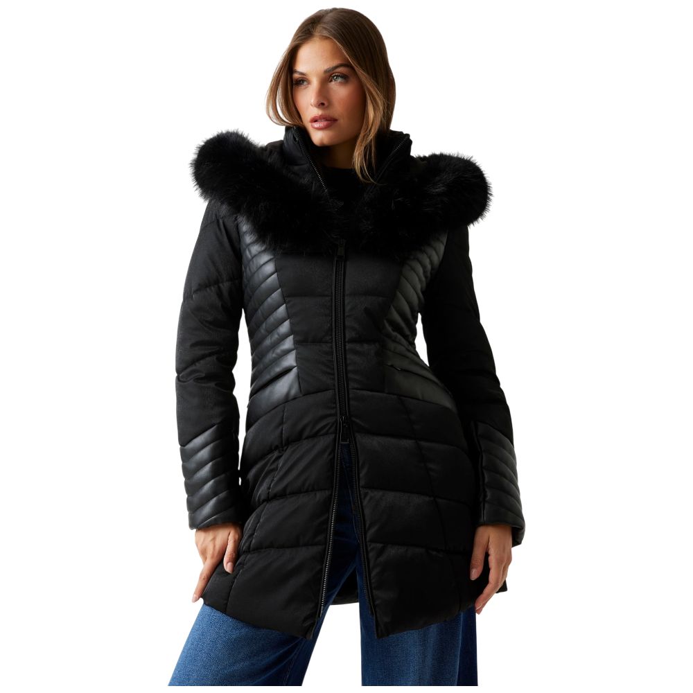 Guess piumino nero con cappuccio in pelliccia sintetica NEW OXANA Guess