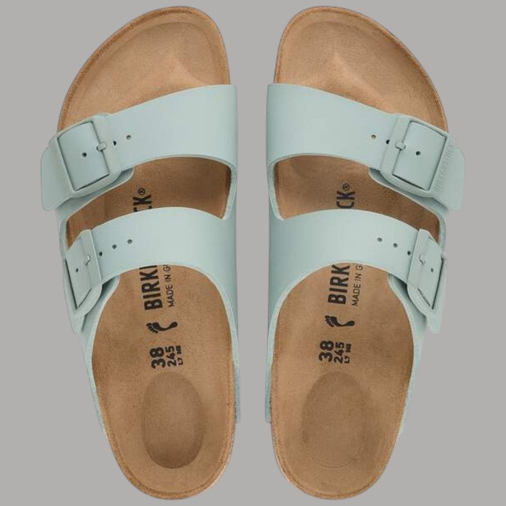 Birkenstock Arizona donna ciabatte pure sage con cinturini in Birko Flor e suola in sughero, vista laterale