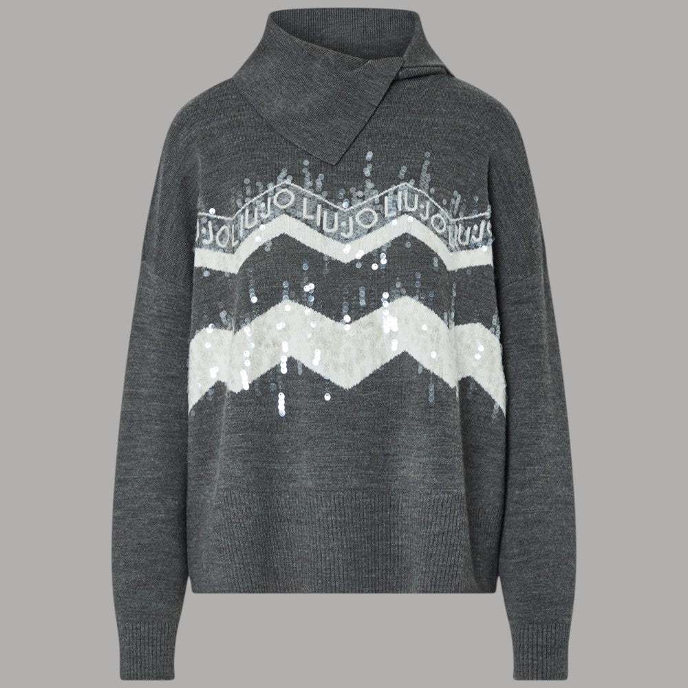 Liu Jo maglione jacquard con paillettes grigio scuro fantasia logo e decorazioni scintillanti