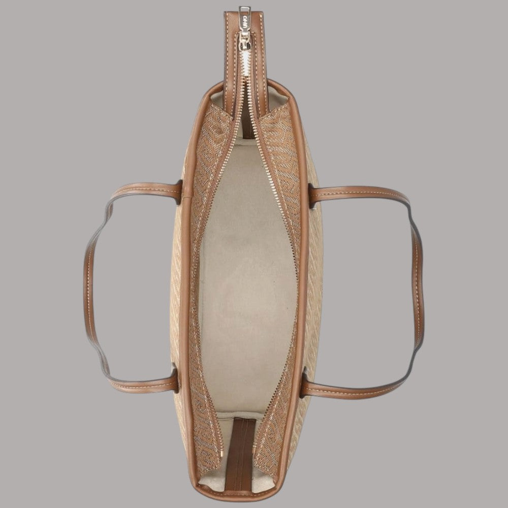 Borsa shopper Liu Jo tote media in tessuto jacquard beige con dettagli in pelle