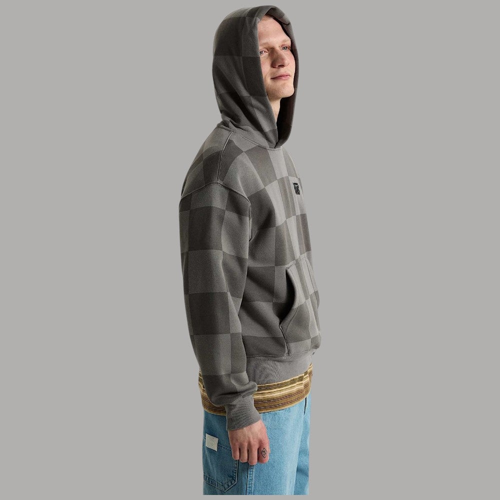 Felpa con cappuccio grigia a scacchi, logo Vans sul petto, tasca a marsupio