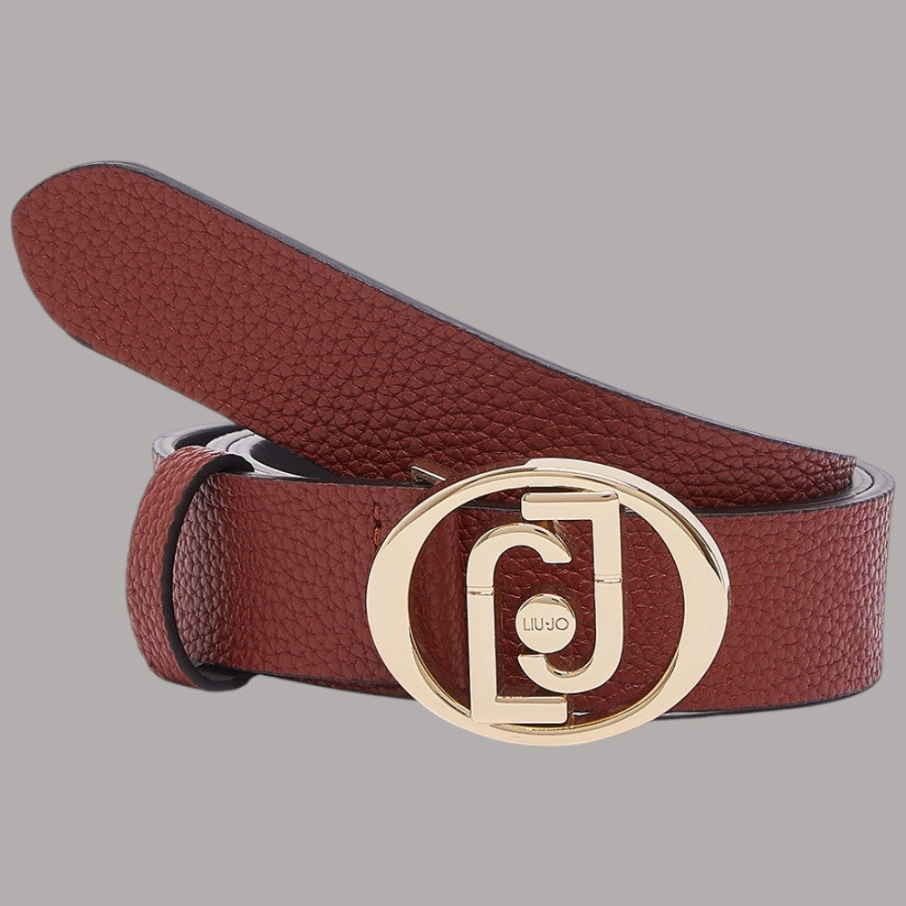 Cintura scamosciata rossa con fibbia rotonda color oro e motivo logo