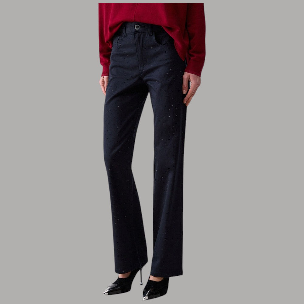 Pantaloni Liu Jo blu scuro a gamba dritta con piccoli strass, vista frontale