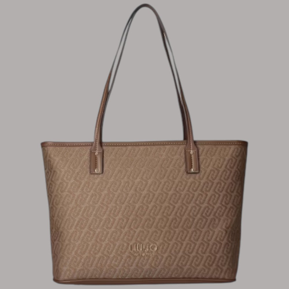 Borsa tote Liu Jo media in tessuto jacquard beige con dettagli testa di moro