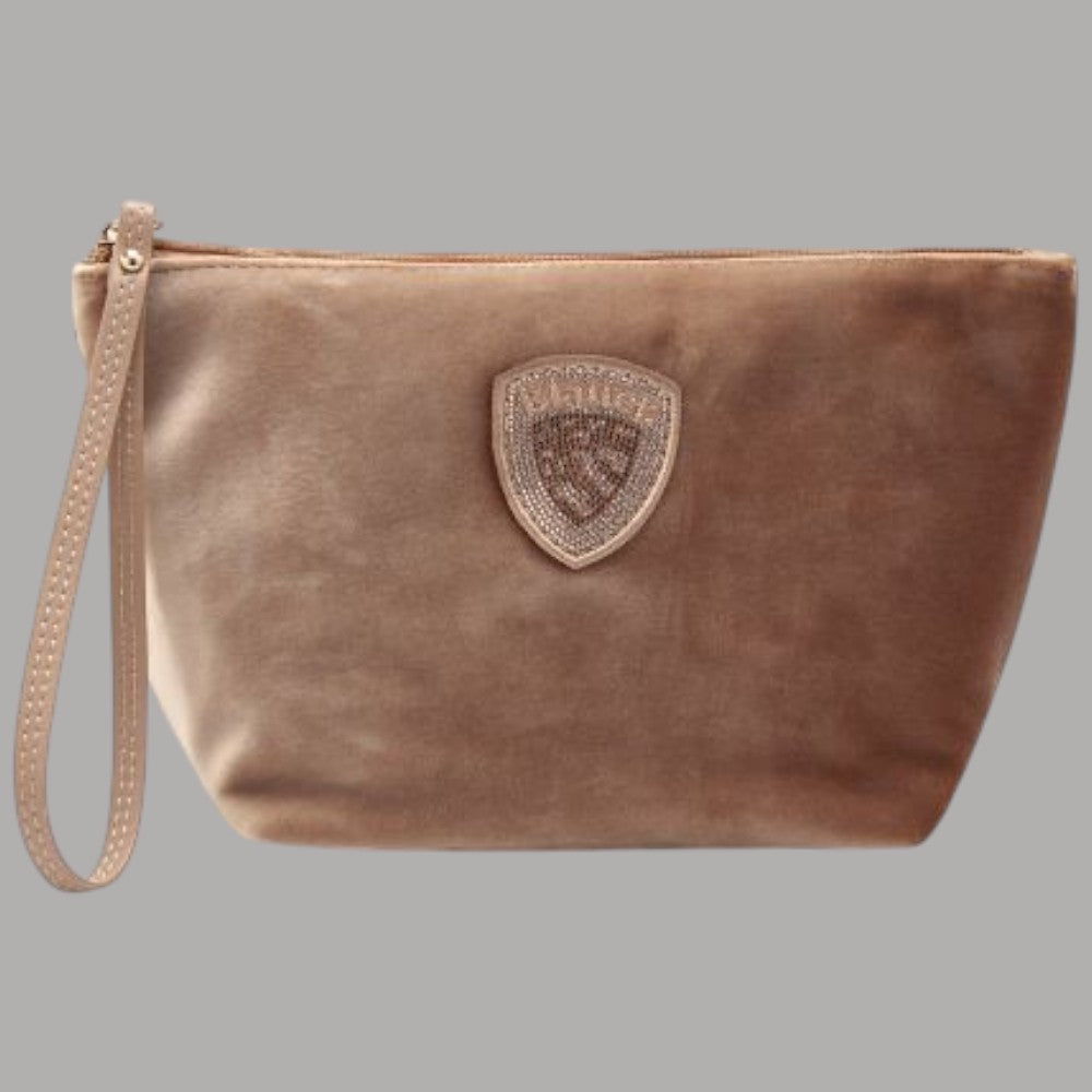 Beauty case pochette da donna Blauer in velluto rosa con logo applicato e cinturino wristlet