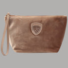 Beauty case pochette da donna Blauer in velluto rosa con logo applicato e cinturino wristlet