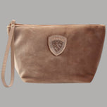 Beauty case pochette da donna Blauer in velluto rosa con logo applicato e cinturino wristlet