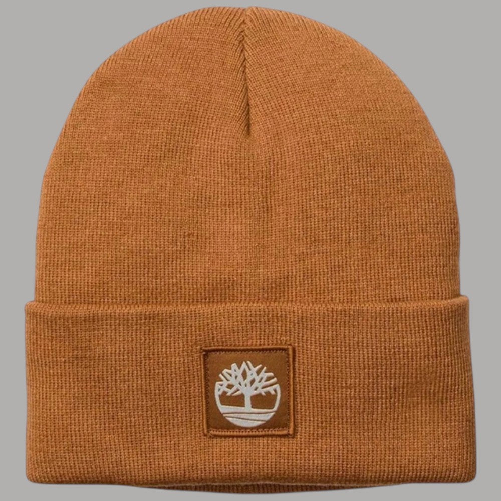 Berretto ocra Timberland a maglia con risvolto e patch con logo