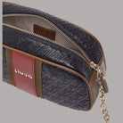 Borsa a tracolla media con zip e catena, esterno goffrato nero con inserti marroni e rosso