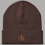 Berretto Calvin Klein a costine marrone con monogramma CK ricamato
