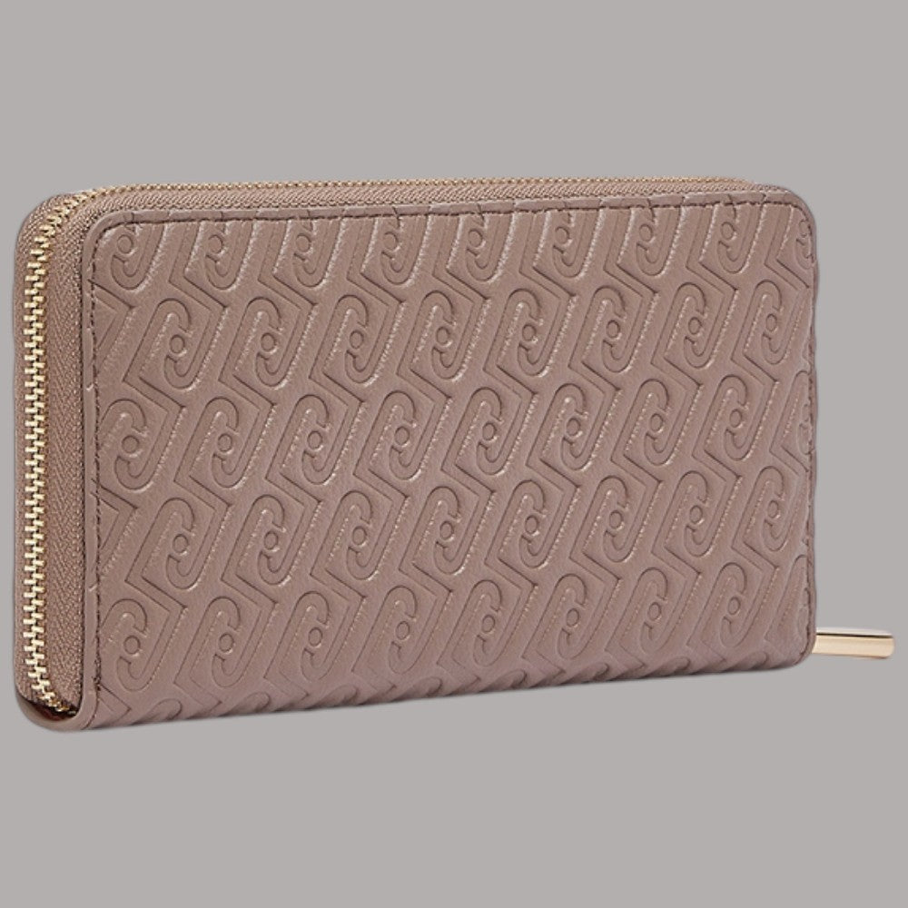 Portafoglio grande goffrato monogramma, zip dorata, vista laterale, marrone chiaro
