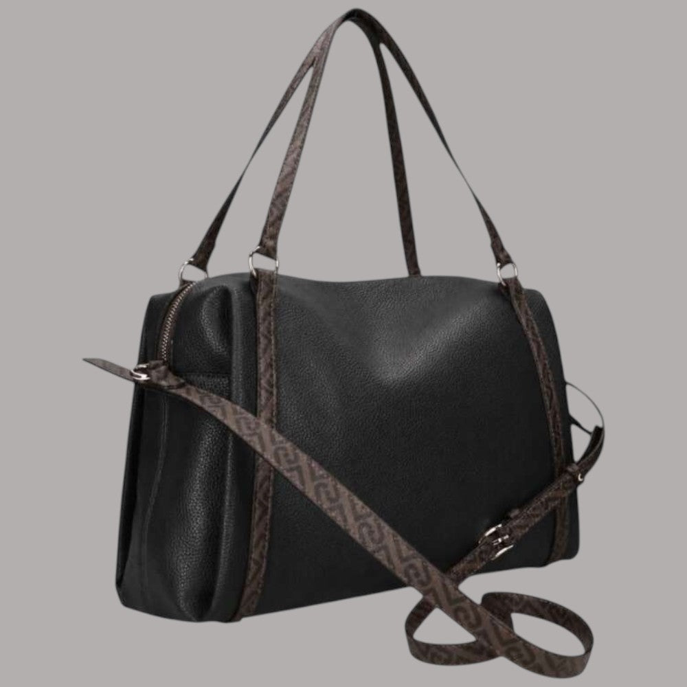 Borsa a spalla media Liu Jo Ilyana M Satchel effetto grana nera con dettagli marroni