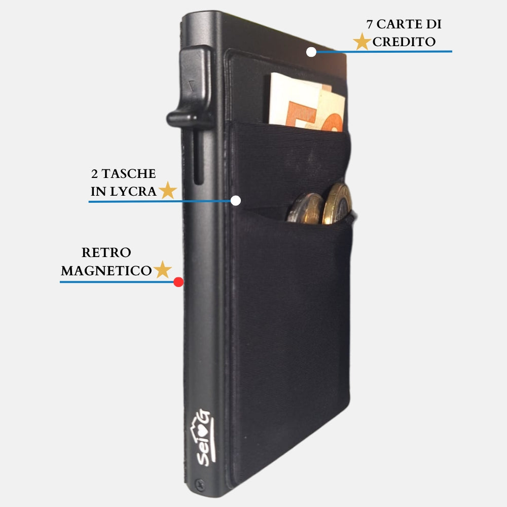 Sei G portacarte safe magnetic nero con custodia in pelle nera Portafogli SEI G