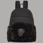 Blauer Zaino piccolo in nylon ed ecopelliccia nero con logo patch e zip frontale