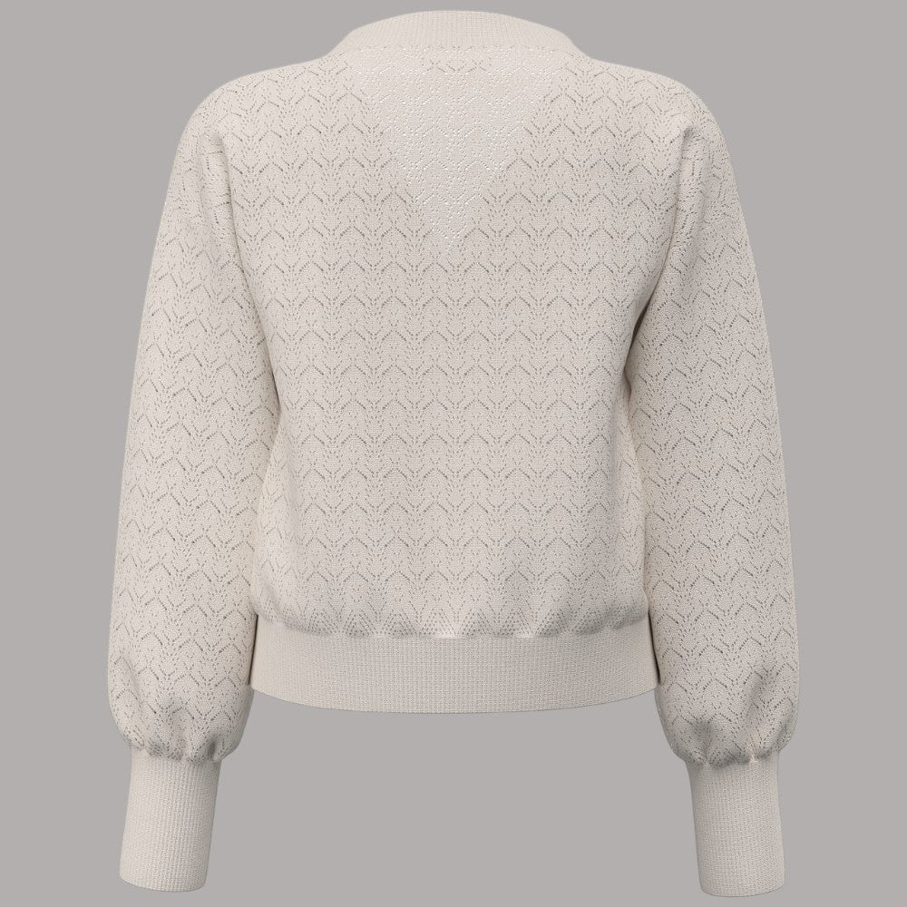 Cardigan Guess Nina lavorato a maglia beige con dettagli a trama geometrica e polsini a coste