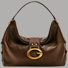 Borsa a spalla Guess Camden marrone con stampa 4G e tracolla