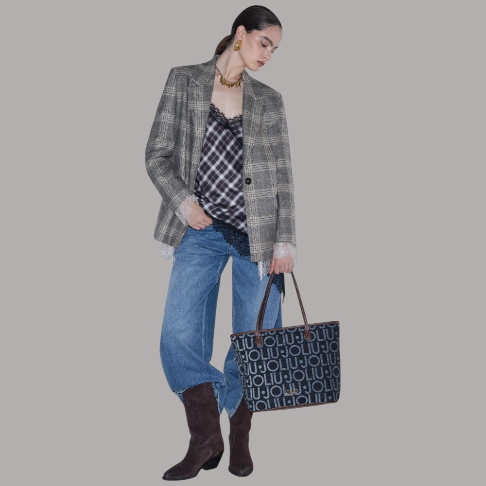 Borsa shopper Liu Jo tote media logo all over in tessuto con manici in pelle