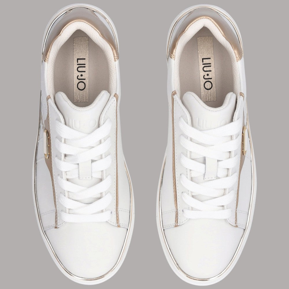 Sneakers Liu Jo Kiki 04 in pelle bianca con inserto laminato dorato e dettagli metallici
