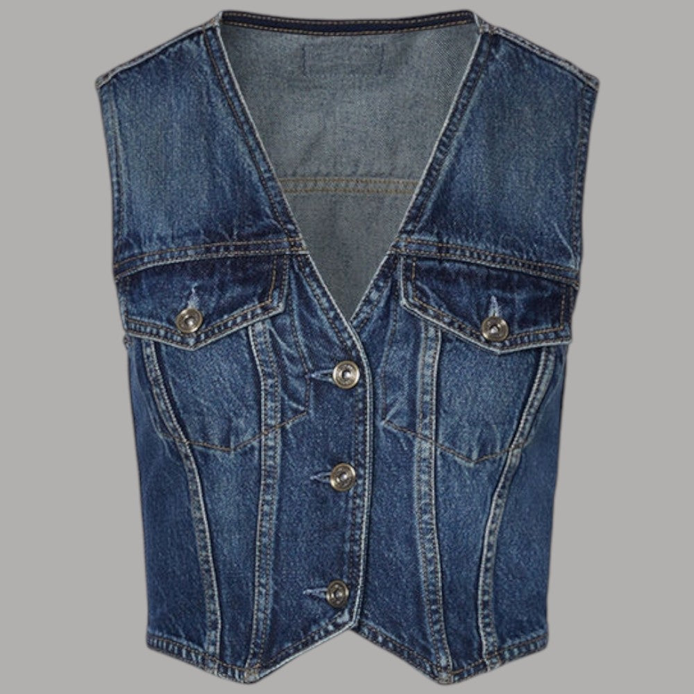 Liu Jo gilet in denim blu con tasche a patta e bottoni frontali