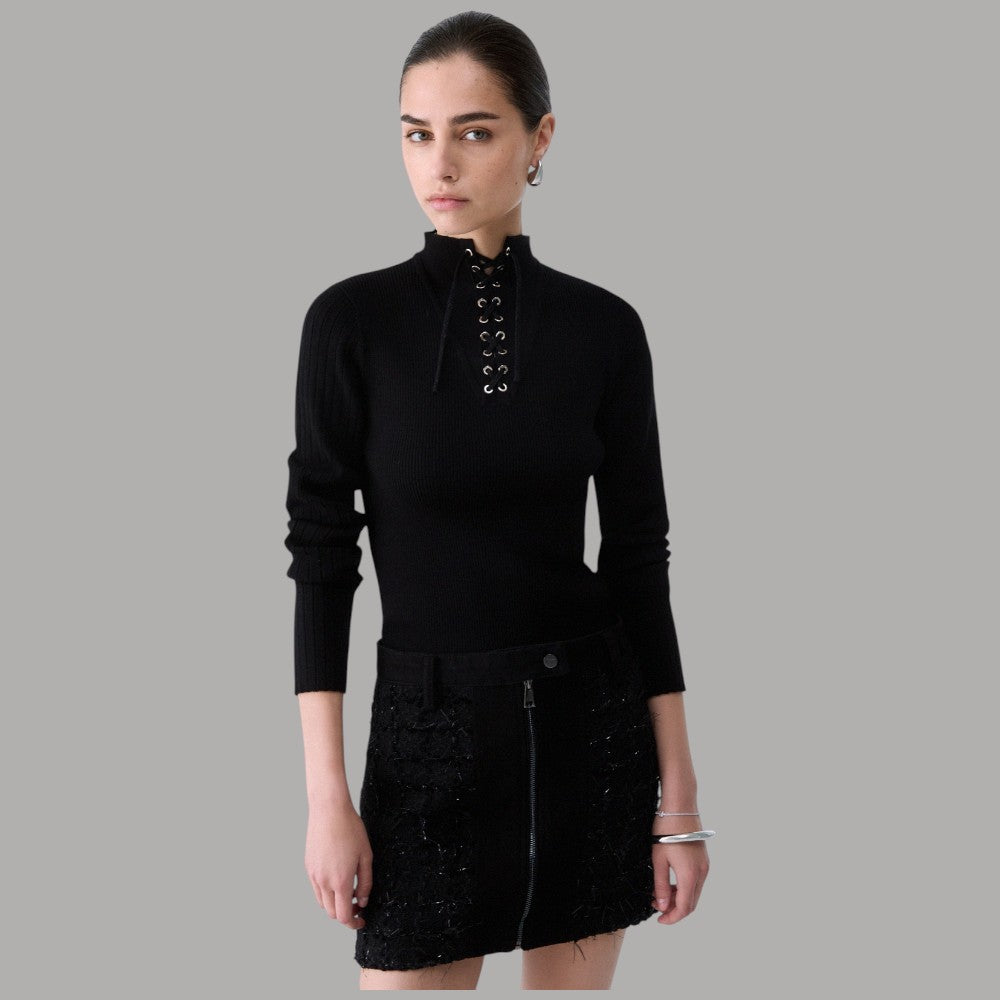 Maglia Liu Jo TF6082MS63L con stringa sul davanti nero senza fantasia