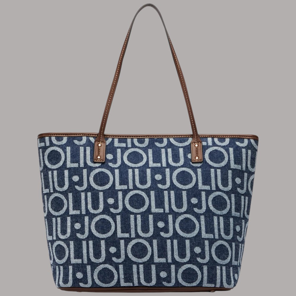 Borsa a spalla Liu Jo shopping bag blu denim con logo ripetuto e dettagli in pelle