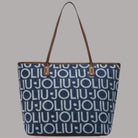 Borsa a spalla Liu Jo shopping bag blu denim con logo ripetuto e dettagli in pelle