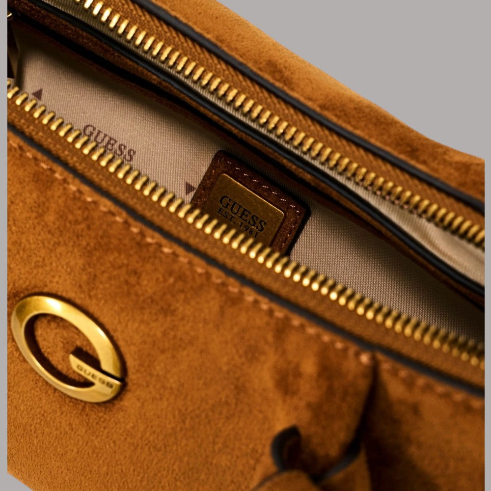 Borsa a spalla Guess Allegra in camoscio color marrone con dettagli oro