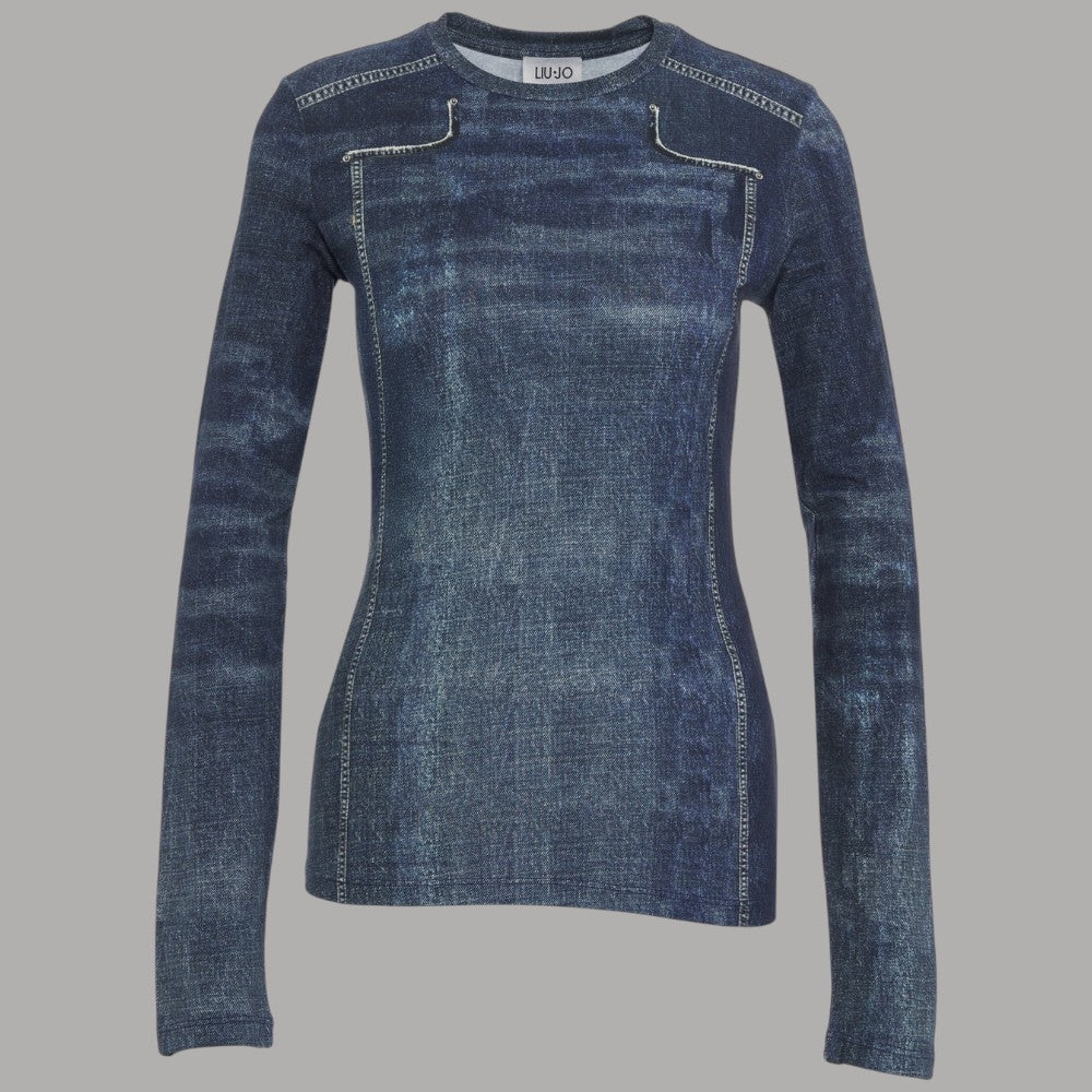 Liu Jo T-shirt manica lunga stampata denim con dettagli di zip e cuciture decorative