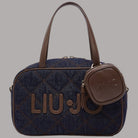 Borsa Liu Jo in denim blu con dettagli in pelle marrone e charm rettangolare
