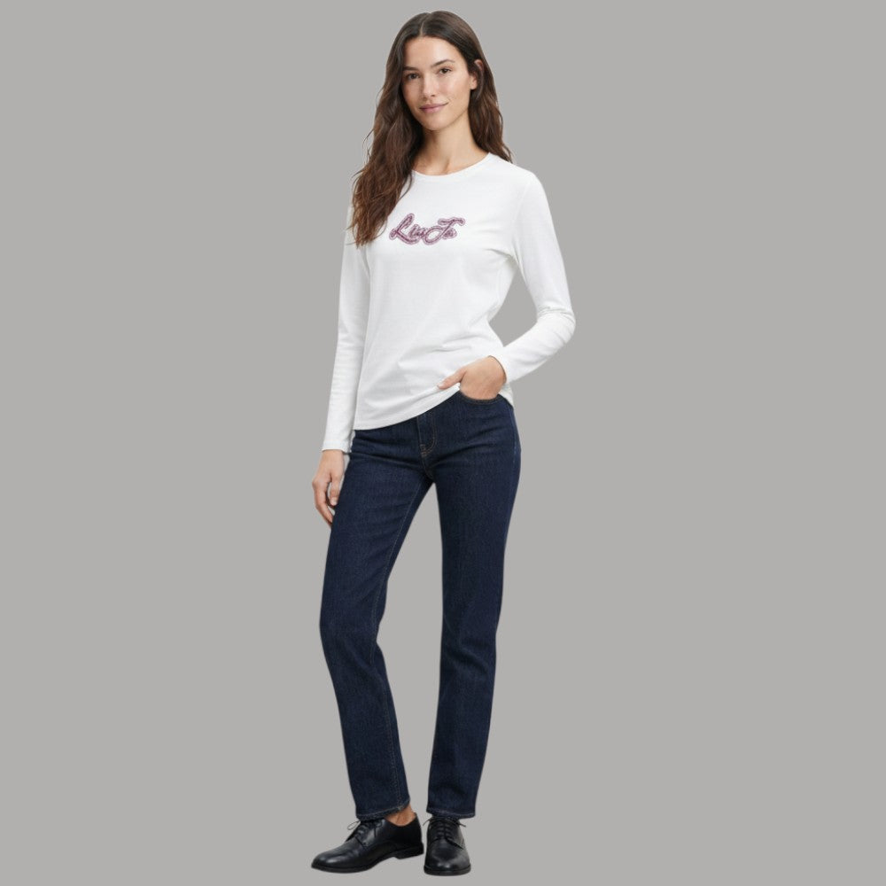 Liu Jo T-shirt manica lunga con logo strass bianca con applicazione lucida fronte