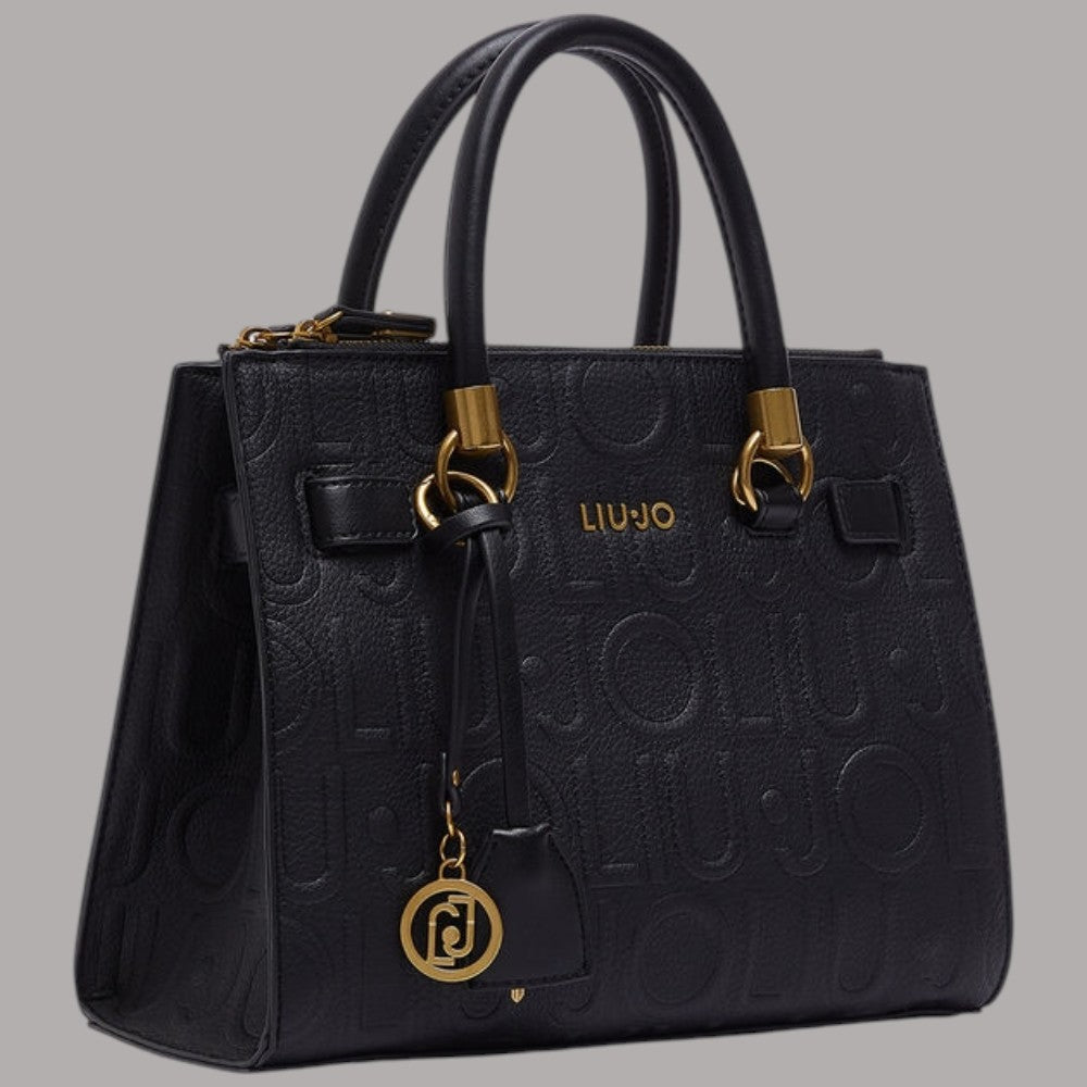 Borsa a mano piccola nera con logo LIUJO a rilievo, tasche frontali e manici dorati.