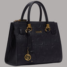 Borsa a mano piccola nera con logo LIUJO a rilievo, tasche frontali e manici dorati.